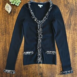 CACHE | Vintage Lady Jacket Style Ribbed Zip Sweater – Black/White, Size S